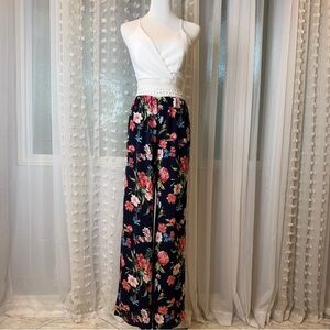 TRAC Floral Navy Rose White Wide Leg Jumpsuit